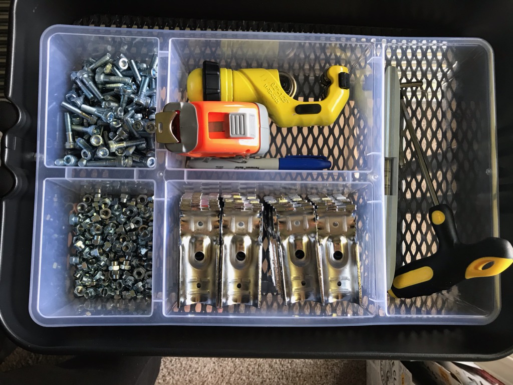 Box of tools, connectors and hardware used to build project