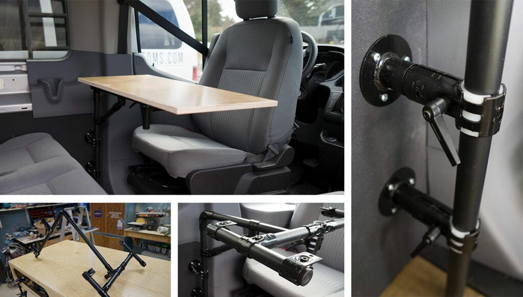 This image shows a Vanlife DIY swivel table from 97 Customs.